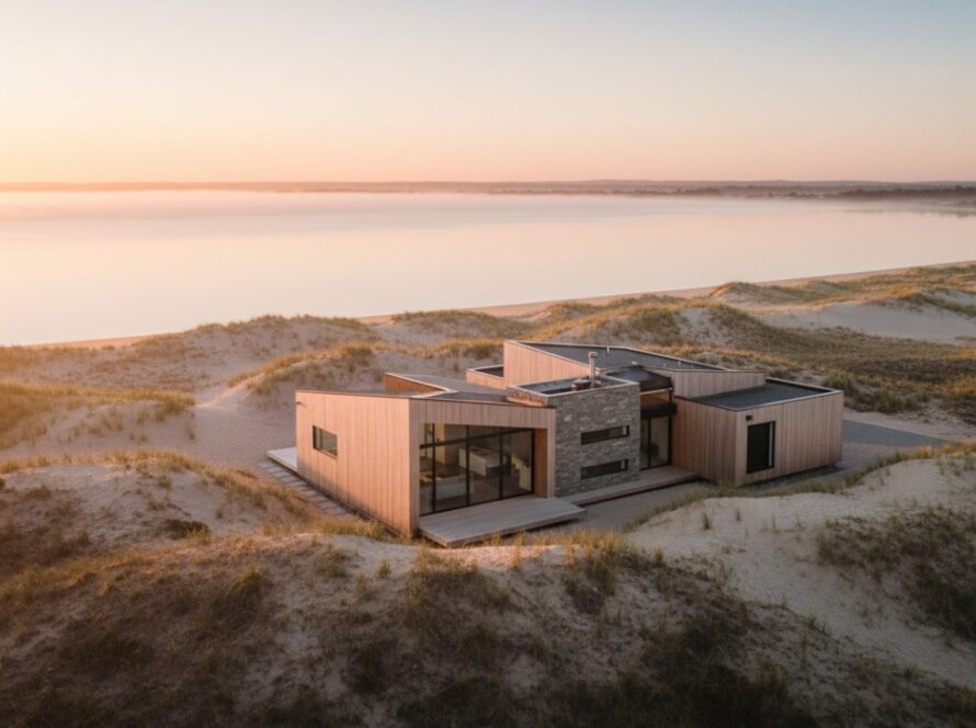 Dramatic aerial shot capturing a stunning modern Balnarring Beach coastal luxury home at sunrise, showcasing its unique architectural lines against the golden sand and tranquil ocean, with professional colour grading.
