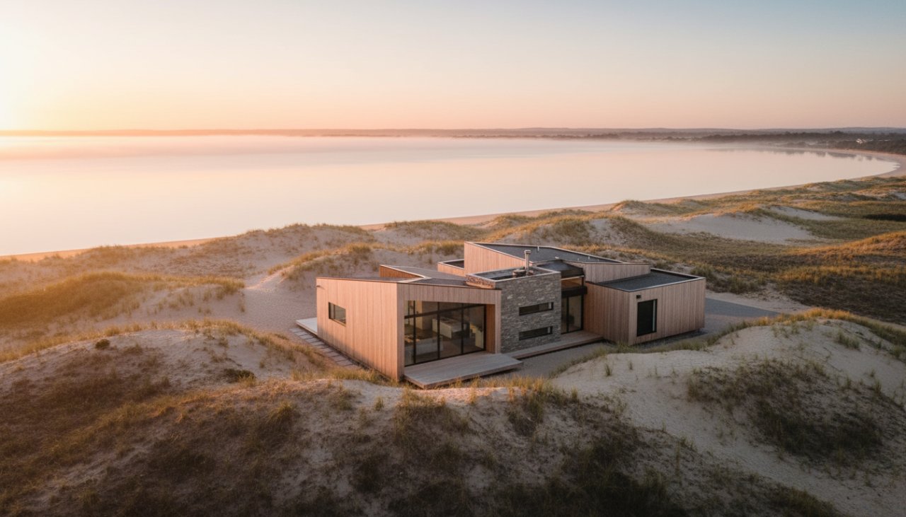 Dramatic aerial shot capturing a stunning modern Balnarring Beach coastal luxury home at sunrise, showcasing its unique architectural lines against the golden sand and tranquil ocean, with professional colour grading.