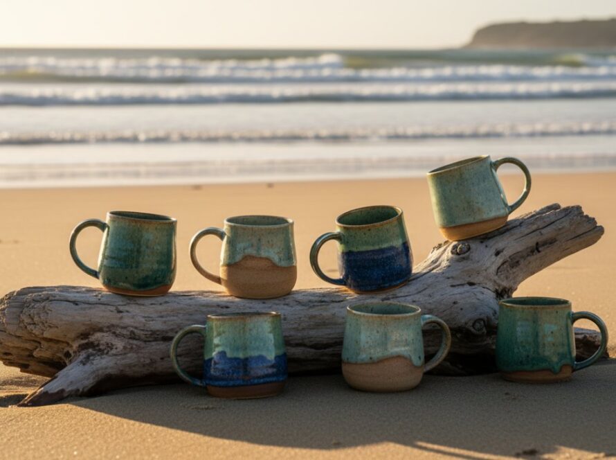 Dramatic, professionally lit photograph showcasing unique artisanal ceramic mugs, arranged elegantly on weathered driftwood against a soft, sun-drenched Balnarring Beach background at golden hour, capturing the essence of Balnarring Beach coastal product photography solutions with a cinematic feel.