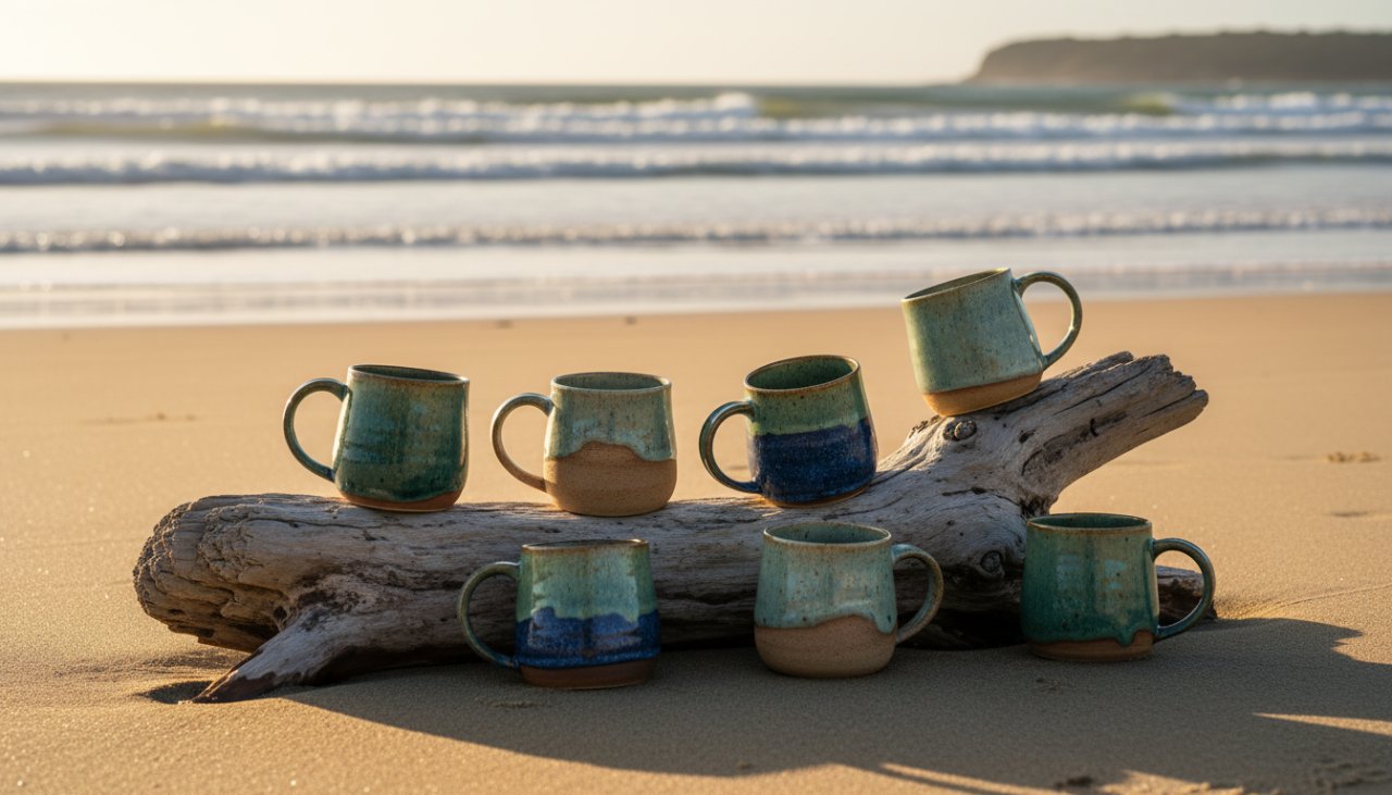 Dramatic, professionally lit photograph showcasing unique artisanal ceramic mugs, arranged elegantly on weathered driftwood against a soft, sun-drenched Balnarring Beach background at golden hour, capturing the essence of Balnarring Beach coastal product photography solutions with a cinematic feel.