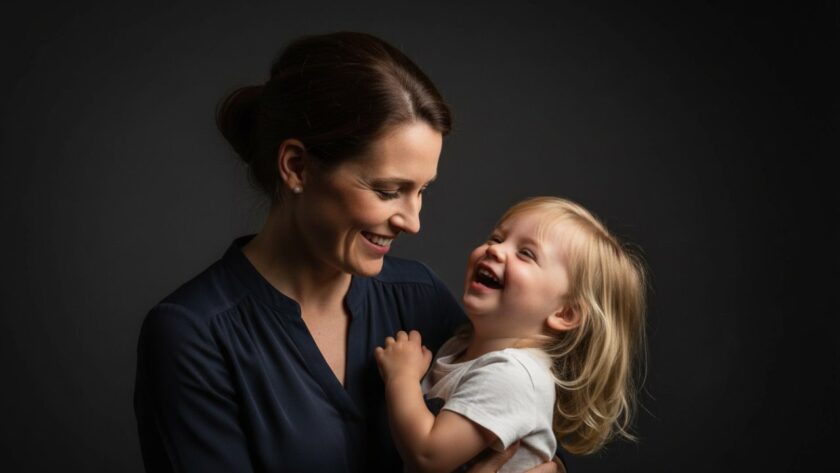 A dramatic, high-contrast studio portrait featuring a family laughing joyfully, expertly lit to capture their connection against a dark background, embodying Balnarring Beach creative studio portraits.