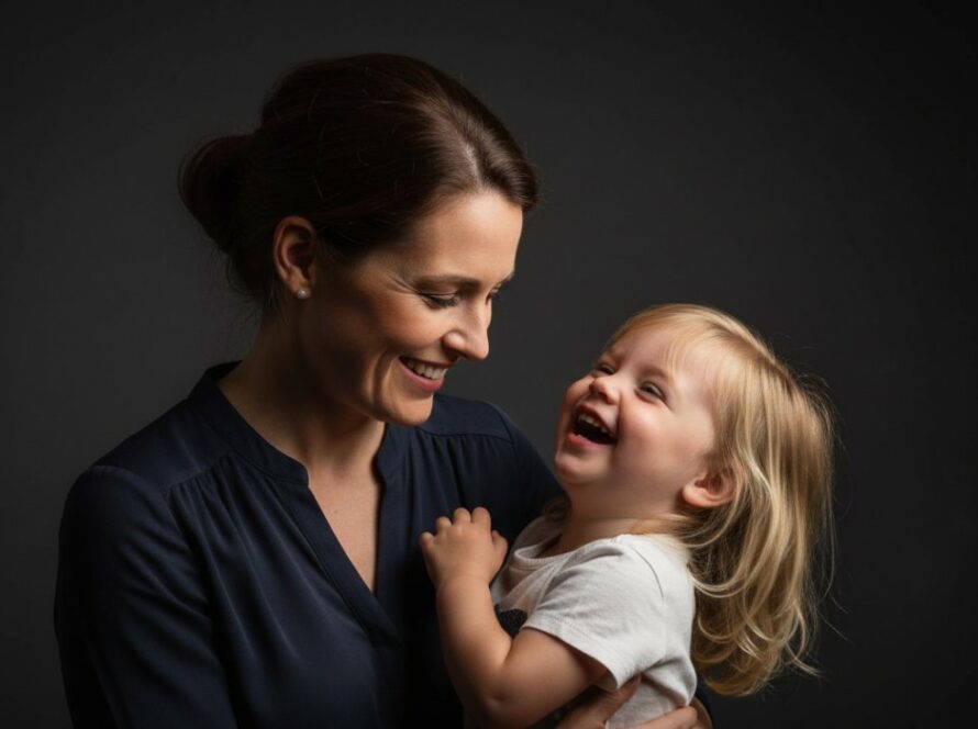 A dramatic, high-contrast studio portrait featuring a family laughing joyfully, expertly lit to capture their connection against a dark background, embodying Balnarring Beach creative studio portraits.