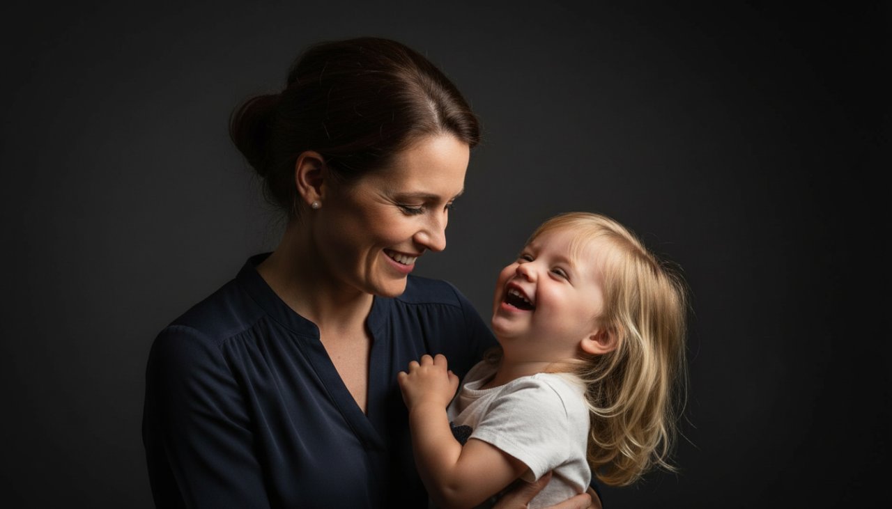A dramatic, high-contrast studio portrait featuring a family laughing joyfully, expertly lit to capture their connection against a dark background, embodying Balnarring Beach creative studio portraits.