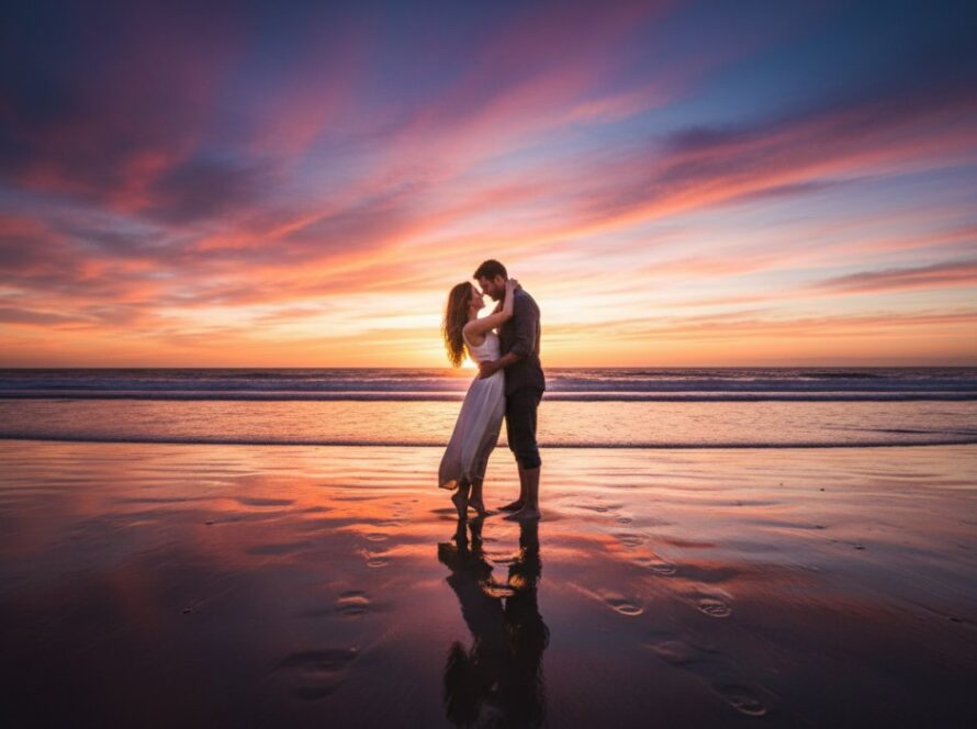 A stunning wide-angle shot of a couple embracing at sunset on Balnarring Beach, exemplifying Balnarring Beach fine art photography serenity, with golden light reflecting off the wet sand and dramatic clouds.