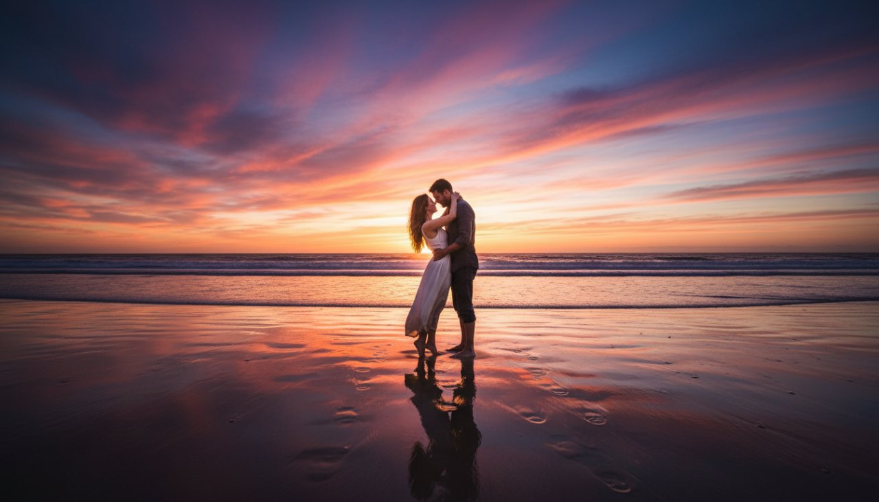 A stunning wide-angle shot of a couple embracing at sunset on Balnarring Beach, exemplifying Balnarring Beach fine art photography serenity, with golden light reflecting off the wet sand and dramatic clouds.