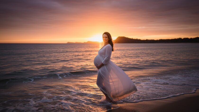A radiant pregnant woman stands majestically at the water's edge of Balnarring Beach during a golden hour maternity photoshoot, with soft, dramatic sunlight silhouetting her bump against the ocean waves and a vibrant sunset sky, capturing an epic moment of natural beauty and anticipation.