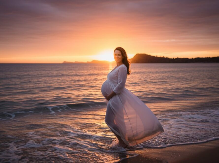 A radiant pregnant woman stands majestically at the water's edge of Balnarring Beach during a golden hour maternity photoshoot, with soft, dramatic sunlight silhouetting her bump against the ocean waves and a vibrant sunset sky, capturing an epic moment of natural beauty and anticipation.