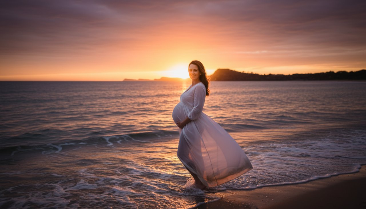 A radiant pregnant woman stands majestically at the water's edge of Balnarring Beach during a golden hour maternity photoshoot, with soft, dramatic sunlight silhouetting her bump against the ocean waves and a vibrant sunset sky, capturing an epic moment of natural beauty and anticipation.