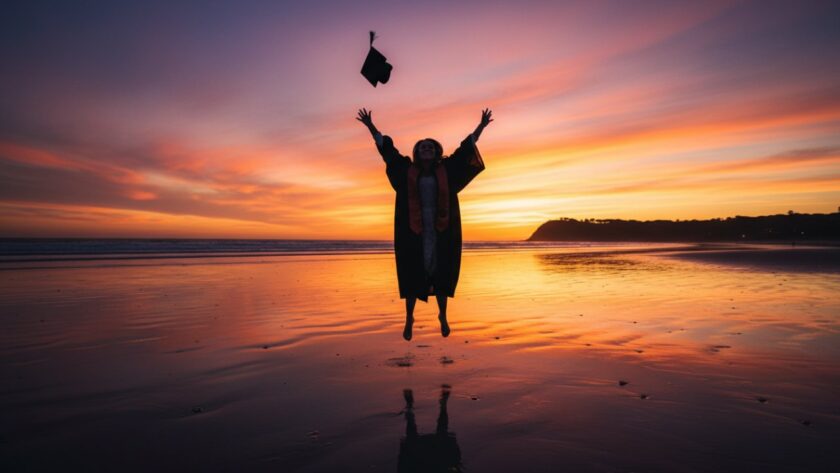 A proud graduate in full cap and gown leaps joyfully on Balnarring Beach at sunset, celebrating their Balnarring Beach Graduation Photoshoot Victoria, with dramatic golden hour lighting highlighting their silhouette against the ocean.