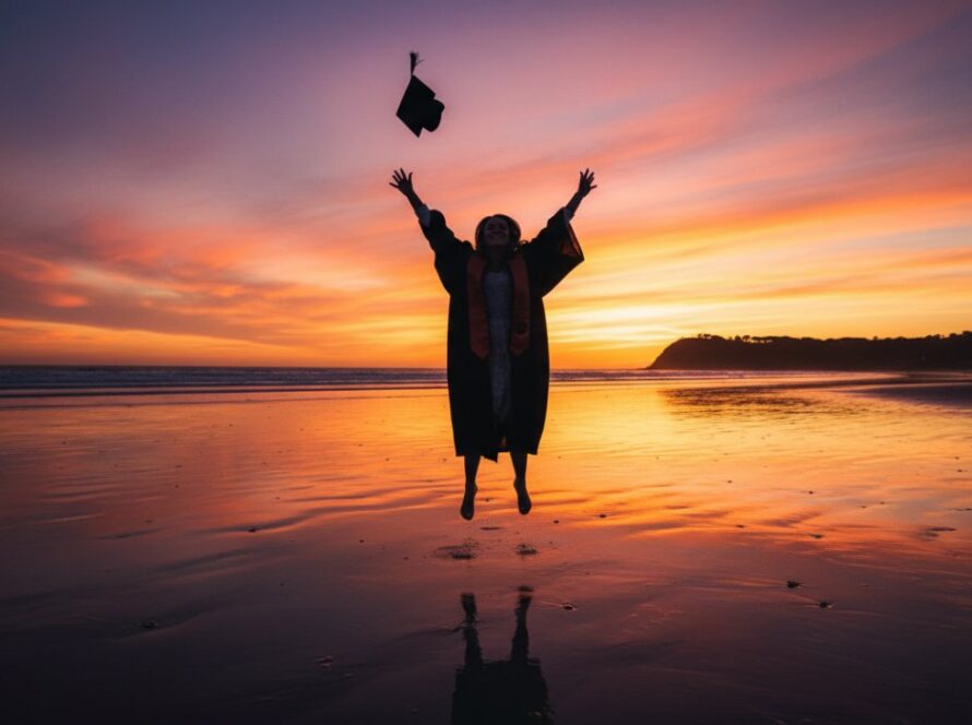 A proud graduate in full cap and gown leaps joyfully on Balnarring Beach at sunset, celebrating their Balnarring Beach Graduation Photoshoot Victoria, with dramatic golden hour lighting highlighting their silhouette against the ocean.