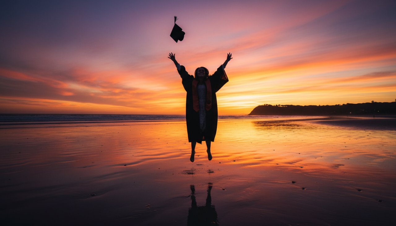 A proud graduate in full cap and gown leaps joyfully on Balnarring Beach at sunset, celebrating their Balnarring Beach Graduation Photoshoot Victoria, with dramatic golden hour lighting highlighting their silhouette against the ocean.