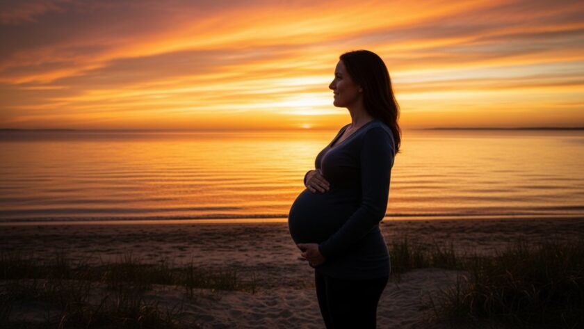 A pregnant woman, silhouetted against a dramatic sunset over Balnarring Beach, her baby bump gently cradled, evoking an ethereal Balnarring Beach maternity photography experience with professional, cinematic lighting.