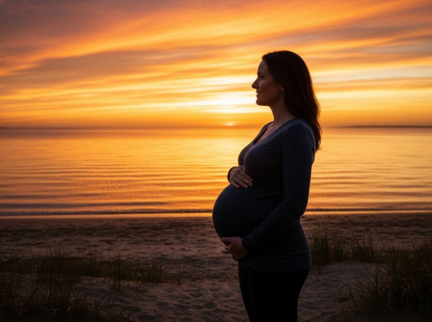 A pregnant woman, silhouetted against a dramatic sunset over Balnarring Beach, her baby bump gently cradled, evoking an ethereal Balnarring Beach maternity photography experience with professional, cinematic lighting.