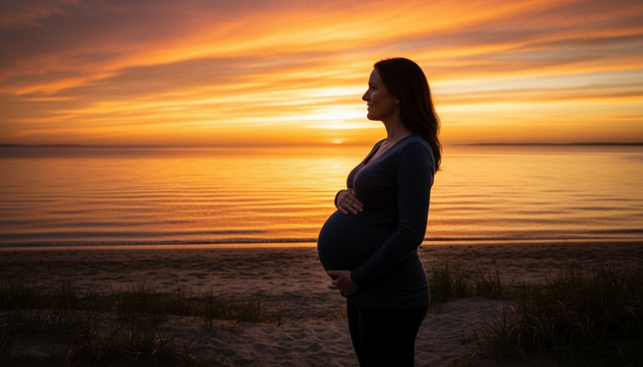 A pregnant woman, silhouetted against a dramatic sunset over Balnarring Beach, her baby bump gently cradled, evoking an ethereal Balnarring Beach maternity photography experience with professional, cinematic lighting.