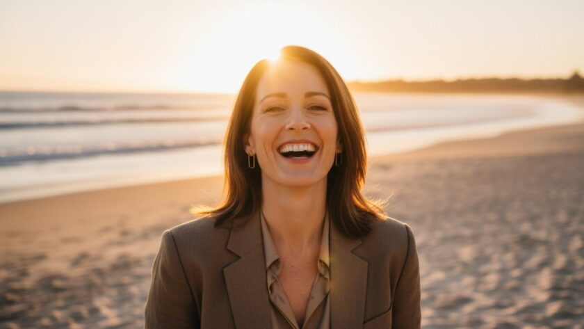 A striking professional portrait of a creative entrepreneur taken during golden hour on Balnarring Beach, featuring the subject's authentic smile framed by the warm glow of the setting sun and subtle waves in the background, embodying Balnarring Beach natural light headshots for local creatives.