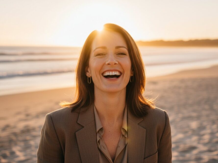 A striking professional portrait of a creative entrepreneur taken during golden hour on Balnarring Beach, featuring the subject's authentic smile framed by the warm glow of the setting sun and subtle waves in the background, embodying Balnarring Beach natural light headshots for local creatives.