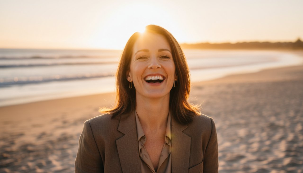 A striking professional portrait of a creative entrepreneur taken during golden hour on Balnarring Beach, featuring the subject's authentic smile framed by the warm glow of the setting sun and subtle waves in the background, embodying Balnarring Beach natural light headshots for local creatives.