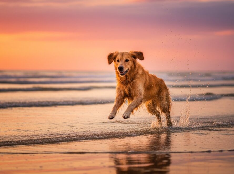 An epic moment of a golden retriever joyfully leaping through the shallow waves at sunset on Balnarring Beach, capturing a Balnarring Beach paw-some pet photography adventure with golden light and dramatic spray.