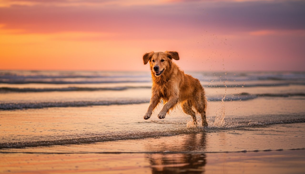 An epic moment of a golden retriever joyfully leaping through the shallow waves at sunset on Balnarring Beach, capturing a Balnarring Beach paw-some pet photography adventure with golden light and dramatic spray.