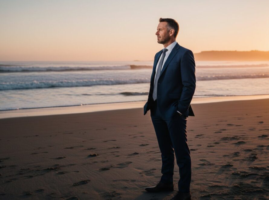 An inspiring Balnarring Beach Professional Corporate Headshots for Local Leaders image, capturing a confident business executive silhouetted against a dramatic sunset over the Balnarring coastline, with soft, golden light highlighting their profile, conveying leadership and success.