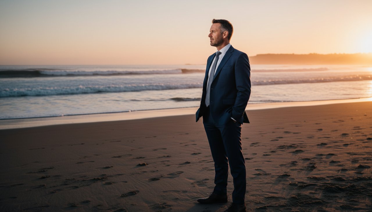 An inspiring Balnarring Beach Professional Corporate Headshots for Local Leaders image, capturing a confident business executive silhouetted against a dramatic sunset over the Balnarring coastline, with soft, golden light highlighting their profile, conveying leadership and success.