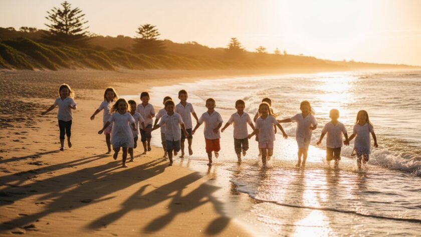 An energetic group of primary school children laughing and running on the sandy shores of Balnarring Beach, their faces full of joy, captured in a vibrant student portrait by a professional photographer. This Balnarring Beach school photography vibrant student portraits moment showcases the natural beauty of the location and the authentic happiness of the students.