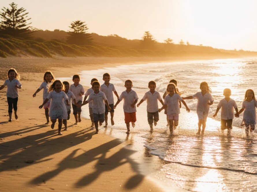 An energetic group of primary school children laughing and running on the sandy shores of Balnarring Beach, their faces full of joy, captured in a vibrant student portrait by a professional photographer. This Balnarring Beach school photography vibrant student portraits moment showcases the natural beauty of the location and the authentic happiness of the students.