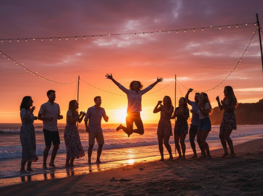Dramatic wide shot capturing a joyous group celebrating a sunset party on Balnarring Beach, featuring Balnarring Beach vibrant party photography captures of guests laughing, silhouetted against a vibrant orange and purple sky, with fairy lights and warm ambient glow, highlighting the festive atmosphere.