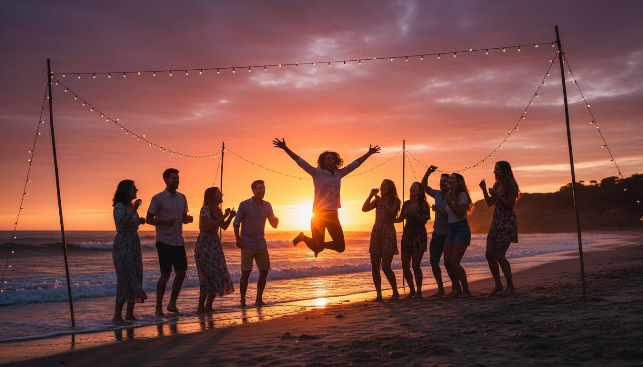 Dramatic wide shot capturing a joyous group celebrating a sunset party on Balnarring Beach, featuring Balnarring Beach vibrant party photography captures of guests laughing, silhouetted against a vibrant orange and purple sky, with fairy lights and warm ambient glow, highlighting the festive atmosphere.