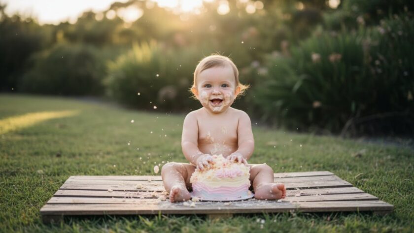 A delightful Balnarring cake smash photographer capturing joyful first birthday memories: a wide shot of a baby enthusiastically smashing a colourful cake outdoors with the natural, rustic backdrop of Balnarring's coastal landscape, golden hour light, soft focus on the child's messy, laughing face, vibrant colours, professional, cinematic style.