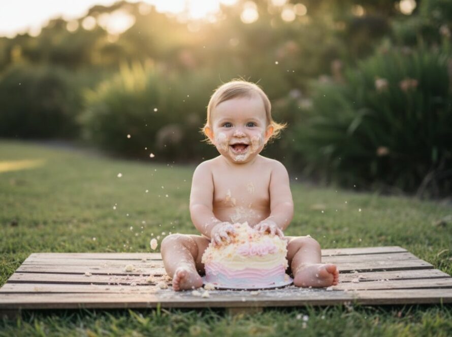 A delightful Balnarring cake smash photographer capturing joyful first birthday memories: a wide shot of a baby enthusiastically smashing a colourful cake outdoors with the natural, rustic backdrop of Balnarring's coastal landscape, golden hour light, soft focus on the child's messy, laughing face, vibrant colours, professional, cinematic style.