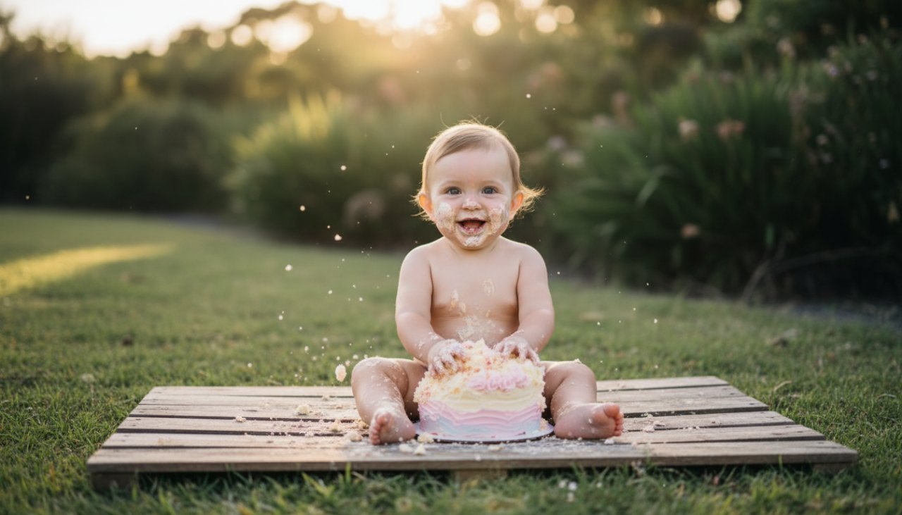 A delightful Balnarring cake smash photographer capturing joyful first birthday memories: a wide shot of a baby enthusiastically smashing a colourful cake outdoors with the natural, rustic backdrop of Balnarring's coastal landscape, golden hour light, soft focus on the child's messy, laughing face, vibrant colours, professional, cinematic style.