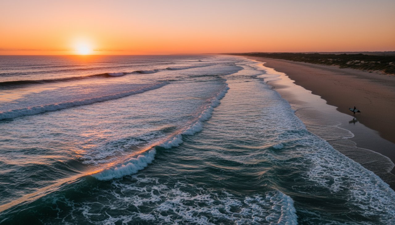 Epic sunrise photograph of the Balnarring coastline captured by Balnarring Coastal Drone Photography Victoria, showing dramatic waves crashing on a pristine beach with a lone surfer in the distance, vibrant orange and purple sky.