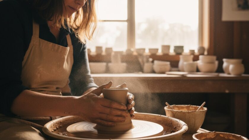 A vibrant, professionally colour-graded image capturing the essence of Balnarring editorial photography storytelling local businesses, showing a local artisan intensely focused on their craft in a sun-drenched Balnarring studio, light catching dust motes, embodying dedication and authenticity.