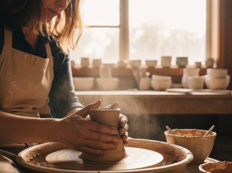 A vibrant, professionally colour-graded image capturing the essence of Balnarring editorial photography storytelling local businesses, showing a local artisan intensely focused on their craft in a sun-drenched Balnarring studio, light catching dust motes, embodying dedication and authenticity.
