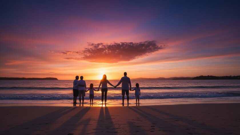 A breathtaking Balnarring fine art photography for coastal heirloom portraits, featuring a family silhouetted against a dramatic sunset over Balnarring Beach, waves crashing gently, capturing an epic, emotive moment of connection and legacy.