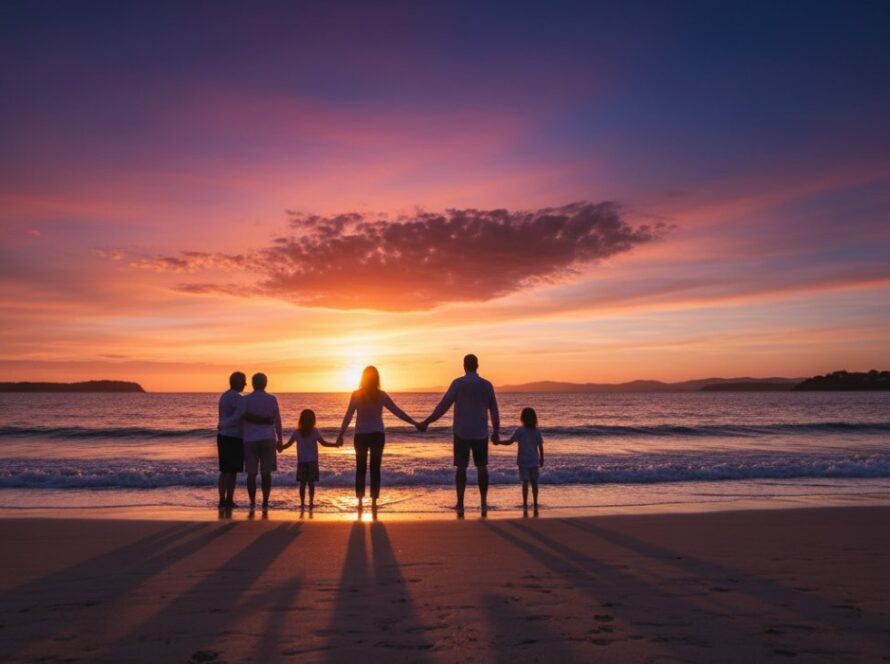 A breathtaking Balnarring fine art photography for coastal heirloom portraits, featuring a family silhouetted against a dramatic sunset over Balnarring Beach, waves crashing gently, capturing an epic, emotive moment of connection and legacy.