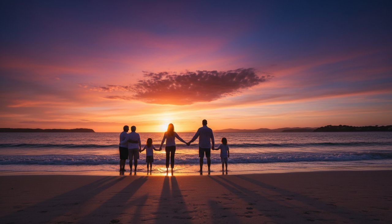 A breathtaking Balnarring fine art photography for coastal heirloom portraits, featuring a family silhouetted against a dramatic sunset over Balnarring Beach, waves crashing gently, capturing an epic, emotive moment of connection and legacy.