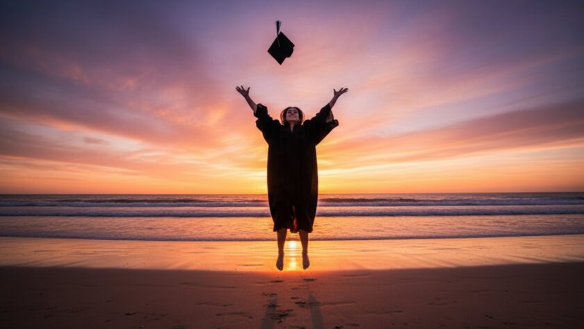 A proud graduate in a cap and gown, framed by the stunning coastal sunset of Balnarring Beach, celebrating with a joyful toss of their cap, perfectly encapsulating Balnarring Graduation Photography Capturing Coastal Memories. The dramatic lighting highlights the emotion and scenic backdrop.