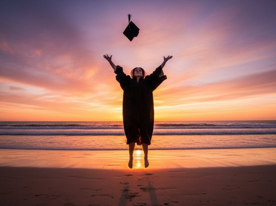 A proud graduate in a cap and gown, framed by the stunning coastal sunset of Balnarring Beach, celebrating with a joyful toss of their cap, perfectly encapsulating Balnarring Graduation Photography Capturing Coastal Memories. The dramatic lighting highlights the emotion and scenic backdrop.