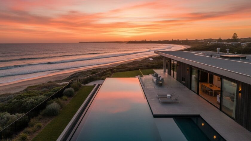 An aerial view capturing a stunning Balnarring luxury coastal home at sunset, with golden light reflecting off expansive windows and the ocean stretching in the background, perfect for Balnarring luxury coastal real estate photography.