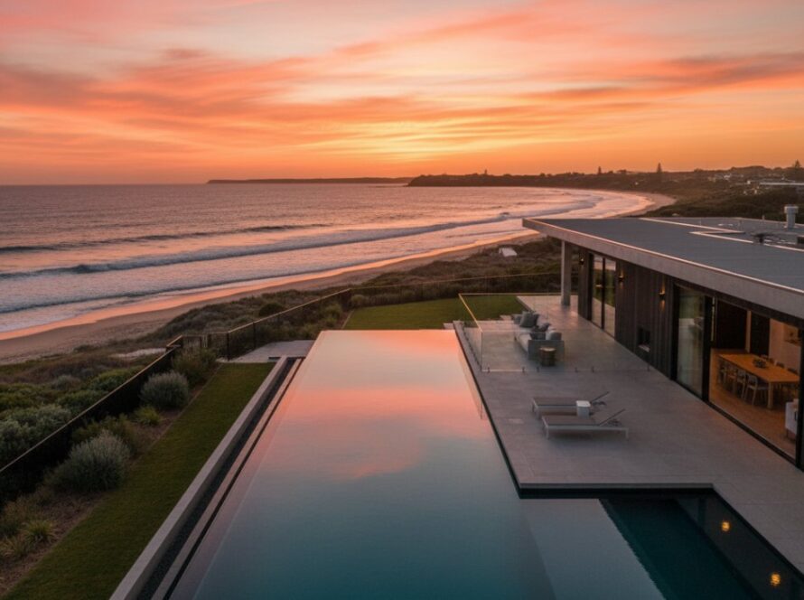 An aerial view capturing a stunning Balnarring luxury coastal home at sunset, with golden light reflecting off expansive windows and the ocean stretching in the background, perfect for Balnarring luxury coastal real estate photography.