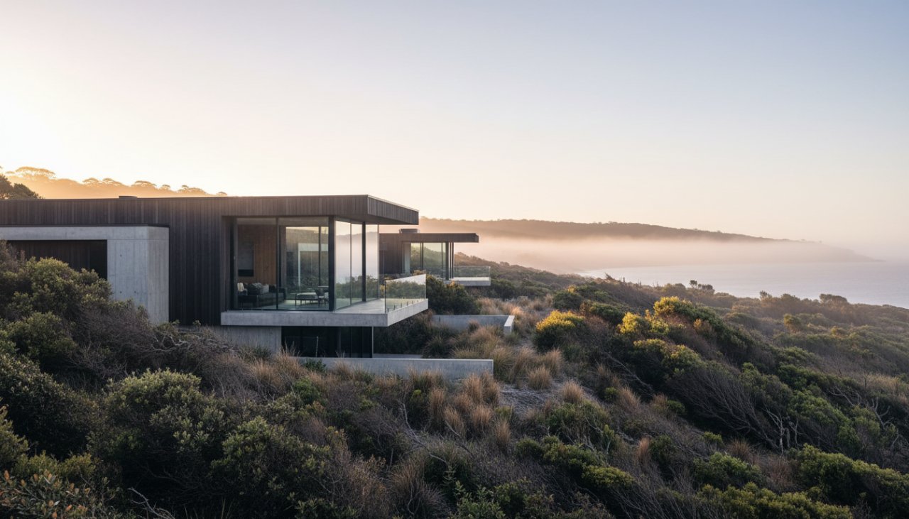 An epic moment captured: a striking, modern coastal home in Balnarring at dawn, showcasing elegant lines and natural light, perfectly embodying Balnarring modern coastal architecture photography.