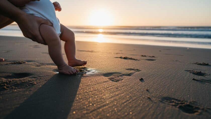 A tender, cinematic wide shot capturing Balnarring newborn lifestyle photography memories, showing a baby's tiny hand gently gripping a parent's finger, bathed in soft, golden hour light filtering through coastal trees in Balnarring, creating a warm and intimate epic moment.
