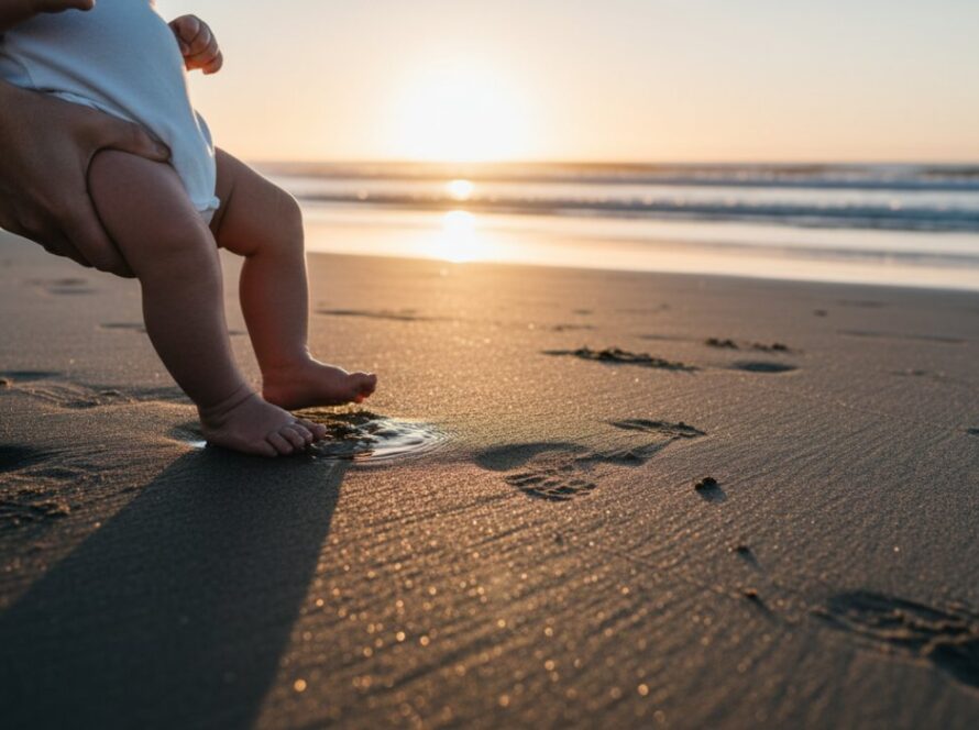 A tender, cinematic wide shot capturing Balnarring newborn lifestyle photography memories, showing a baby's tiny hand gently gripping a parent's finger, bathed in soft, golden hour light filtering through coastal trees in Balnarring, creating a warm and intimate epic moment.