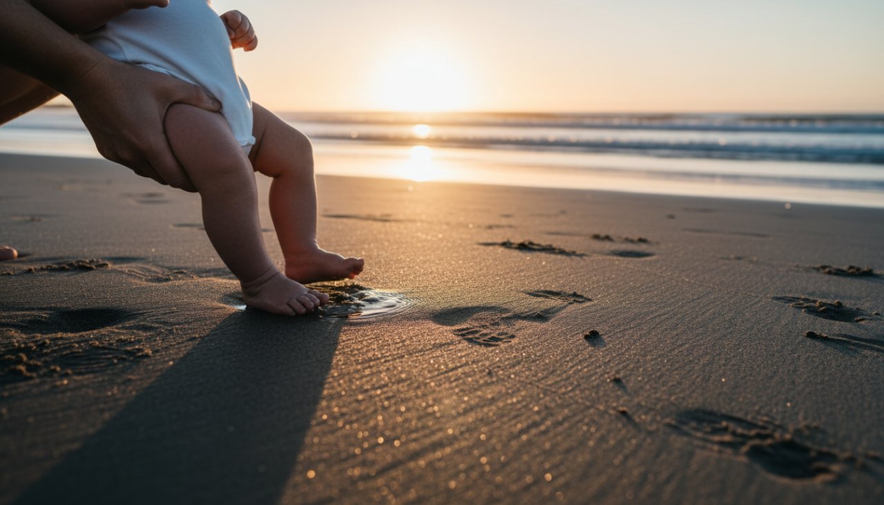 A tender, cinematic wide shot capturing Balnarring newborn lifestyle photography memories, showing a baby's tiny hand gently gripping a parent's finger, bathed in soft, golden hour light filtering through coastal trees in Balnarring, creating a warm and intimate epic moment.