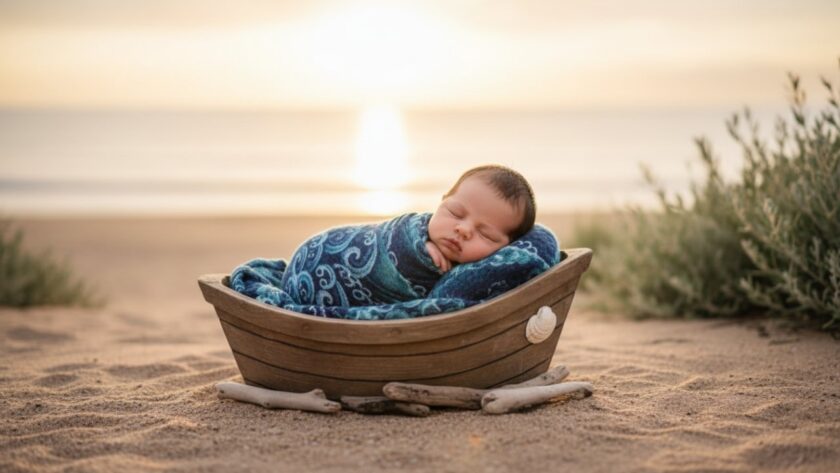 An emotionally resonant, epic moment photograph of a newborn baby gently swaddled in soft, ocean-blue fabric, nestled in a rustic wooden basket with a backdrop subtly hinting at the Balnarring coastline's natural beauty, captured with soft, warm natural light, embodying Balnarring newborn photography timeless ocean hues.