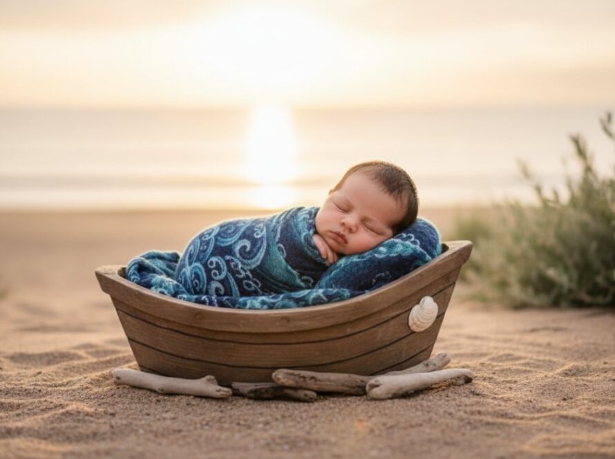 An emotionally resonant, epic moment photograph of a newborn baby gently swaddled in soft, ocean-blue fabric, nestled in a rustic wooden basket with a backdrop subtly hinting at the Balnarring coastline's natural beauty, captured with soft, warm natural light, embodying Balnarring newborn photography timeless ocean hues.