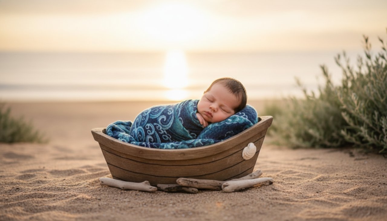 An emotionally resonant, epic moment photograph of a newborn baby gently swaddled in soft, ocean-blue fabric, nestled in a rustic wooden basket with a backdrop subtly hinting at the Balnarring coastline's natural beauty, captured with soft, warm natural light, embodying Balnarring newborn photography timeless ocean hues.