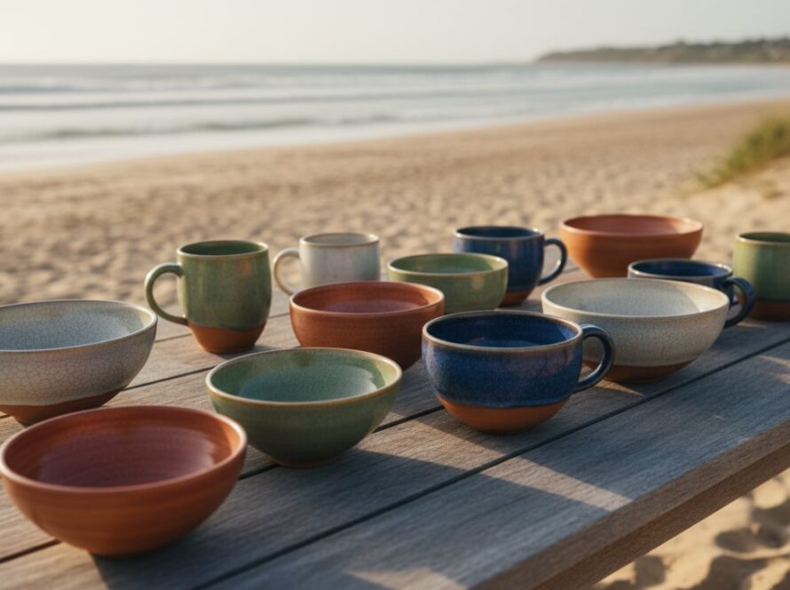 Dramatic, high-angle shot showcasing beautifully crafted handmade ceramics by a Balnarring local artisan, perfectly lit against the soft, natural backdrop of the Balnarring Beach coastline at sunset, emphasizing the quality and texture. This exemplifies expert Balnarring product photography for local artisans.